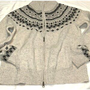 L.L. Bean Fair Isle Lambs Wool Full-Zip Sweater L Gray/Black Nordic Pattern
